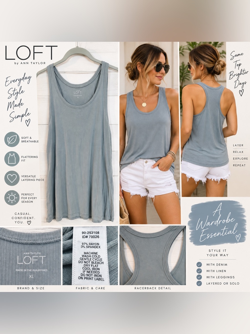 LOFT Ribbed Racerback Tank Top Women's XL Dusty Blue Gray Scoop Neck